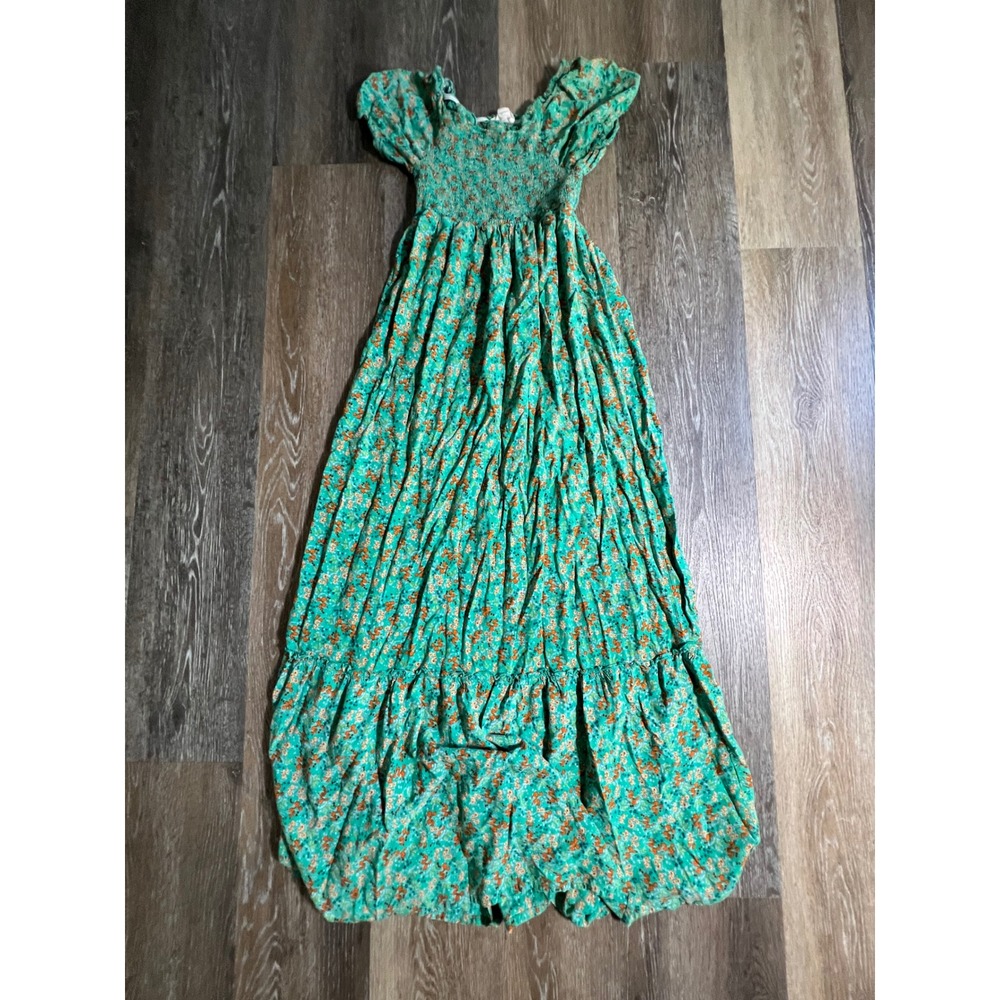 Violet Skies Maxi Dress Womens Small Green Floral Smocked Puff Sleeve Boho